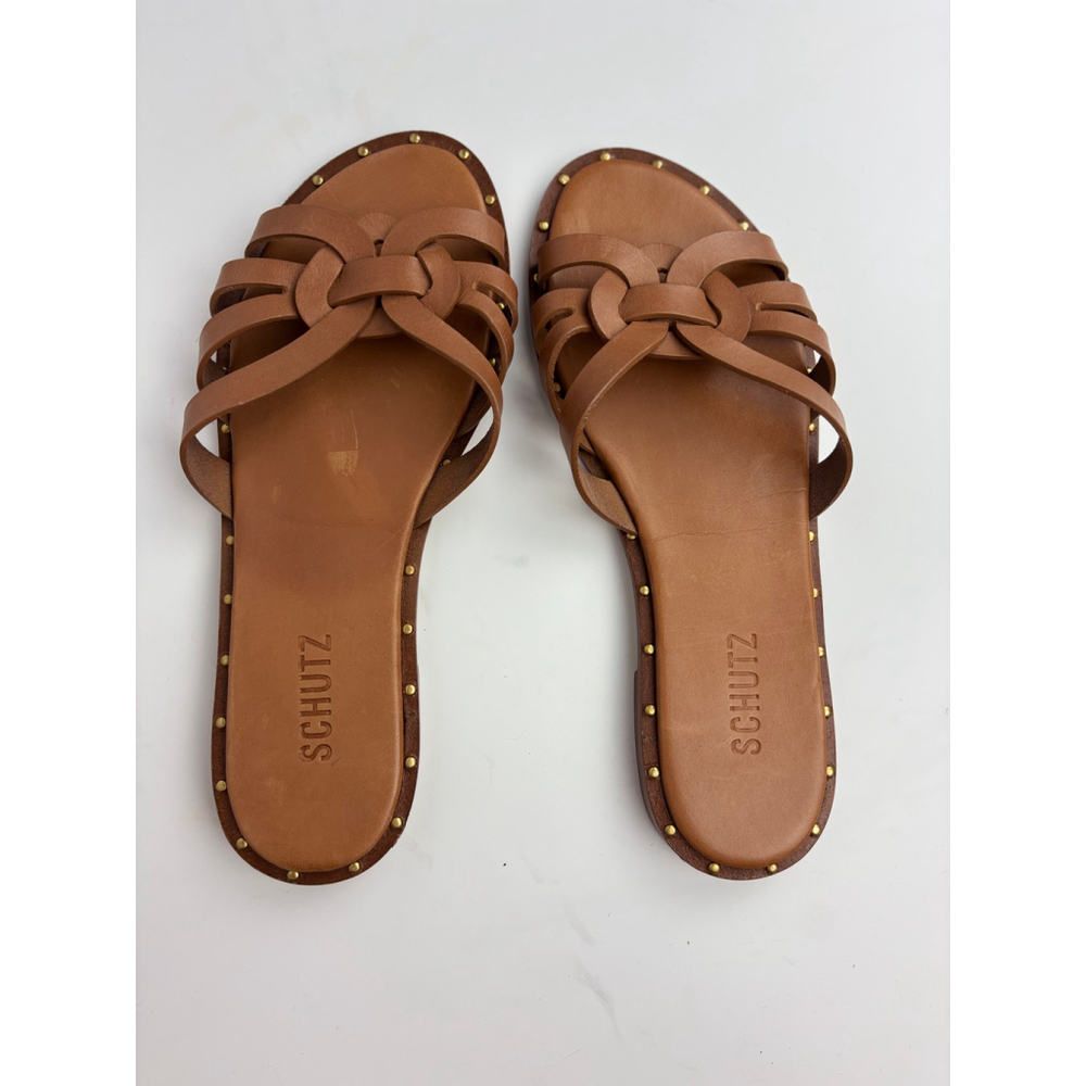 SCHUTZ Cognac Braided Knot Slide Sandals